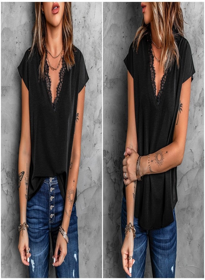 lime flare Women Sexy V Neck Lace Trim Satin T-Shirt Tops Dressy Silk Lacy Tank Blouse Shirt (Black Eyelash Lace Short Sleeve,S) - Image 3